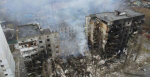 An aerial view shows a residential building destroyed by shelling in Borodyanka