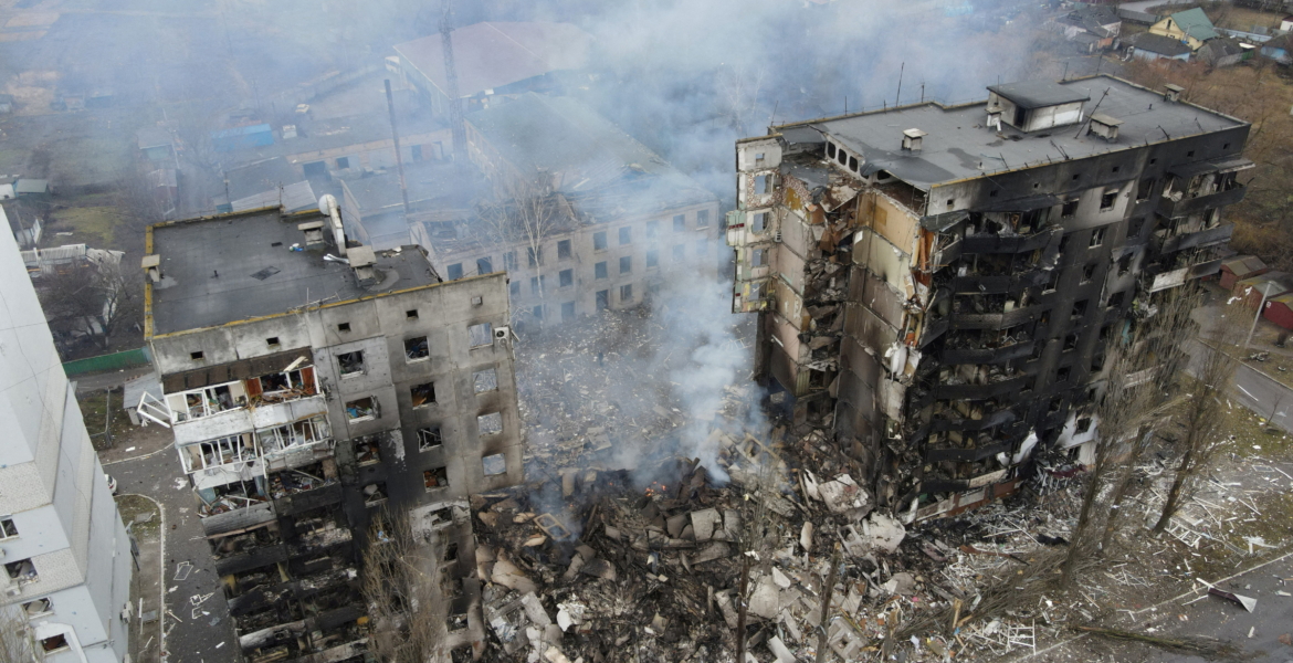 An aerial view shows a residential building destroyed by shelling in Borodyanka