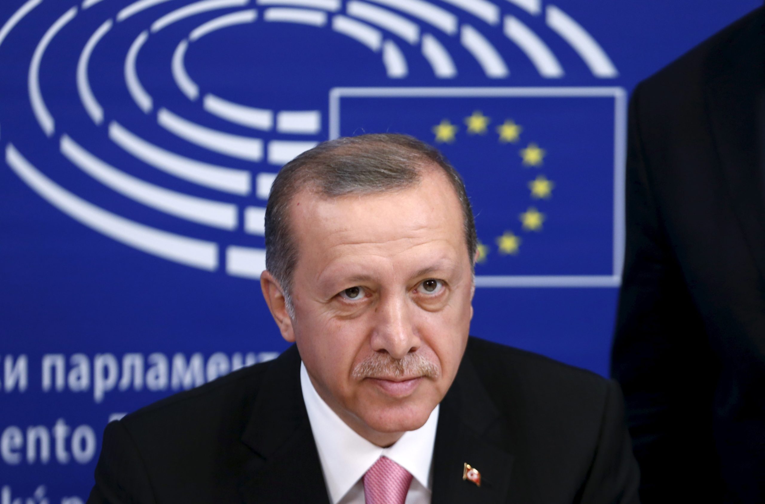 Turkey's President Erdogan poses at the EU Parliament in Brussels